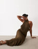 Tie Halter Neck Maxi Dress In Khaki