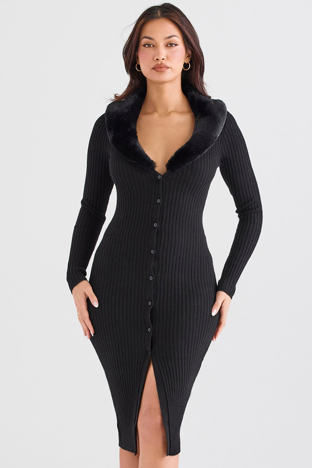 black faux fur trim dress - sale