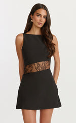 Blossom Mini Dress - Boat Neck Fitted A Line Lace Insert Dress in Black