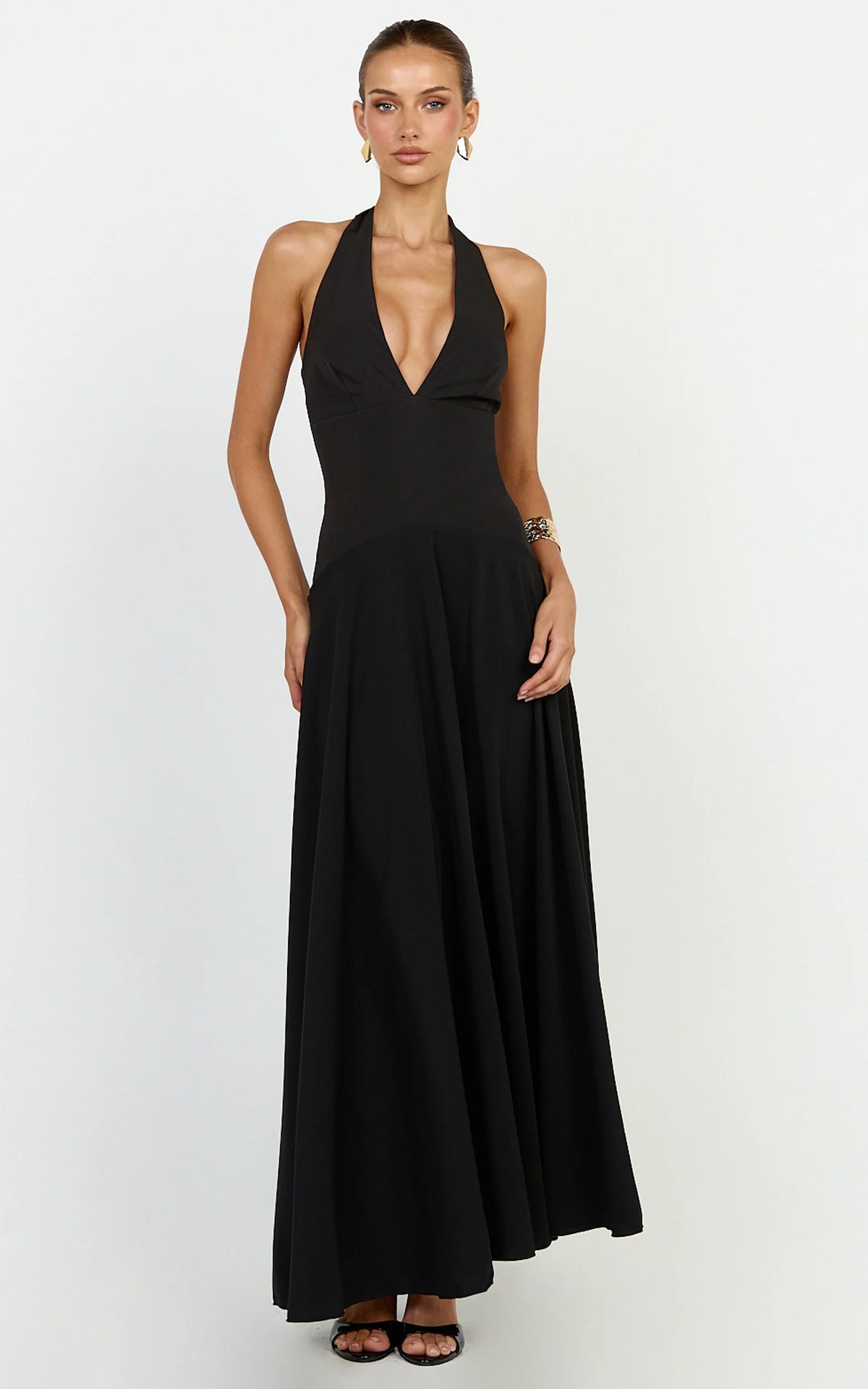 Poppy Maxi Dress - Contrast Skirt Deep Plunge Halter Dress in Black
