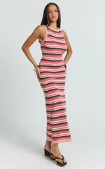 Yasmine Maxi Dress - Boat Neck Backless Stripe Knit Stripe Dress in Multi