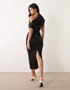 Dramatic Neckline Midi Dress In Black Scuba-Style Fabric