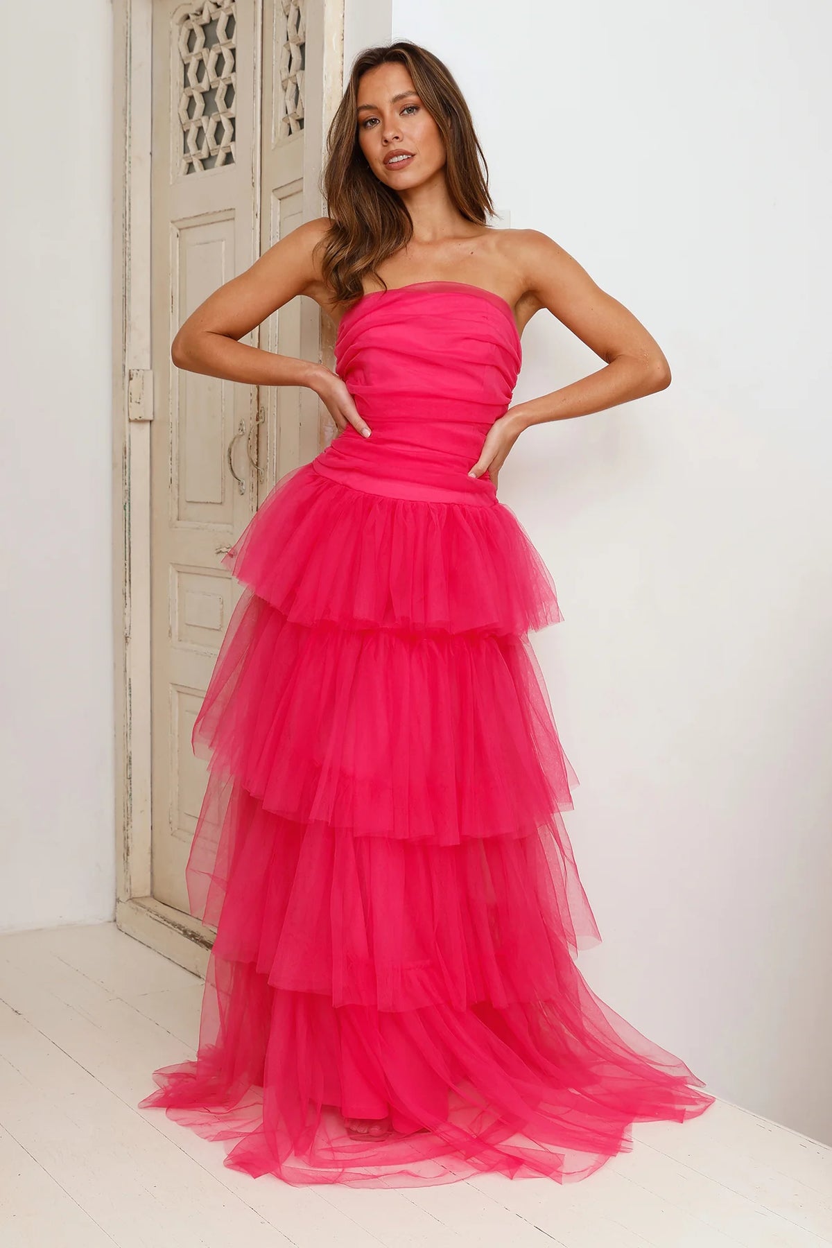 123 PROM Hidden Opal Strapless Tulle Maxi Dress Hot Pink