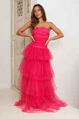 123 PROM Hidden Opal Strapless Tulle Maxi Dress Hot Pink