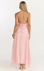 Idris Midi Dress - Cowl Neck Draped Sash Godet Dress in Soft Pink