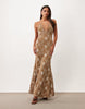 Embroidered Crochet Maxi Dress With Cut Outs In Brown