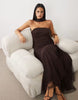 Lace & Beads Mesh Strapless Ruched Scarf Detail Maxi Dress In Chocolate Plum