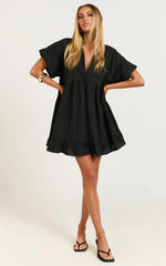 Calissa Mini Dress - Frill Hem Smock Dress in Black