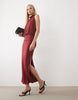 Semi Sheer Knit Look High Neck Sleeveless Maxi Dress In Berry