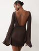 Mesh Waterfall Sleeve Ruched Mini Dress In Brown