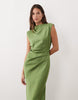 Satin High Neck Pleated Bodice Midi Dress In Green