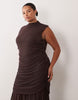 Curve Ruched Drop Waist Mesh Midi Dress In Chocolate