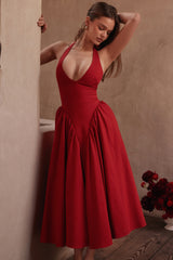 red twill halter midi dress
