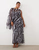 Curve Draped Batwing Asymmetric One Sleeve Maxi Dress In Zebra Abstract Stripe