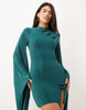 Sculpting Mandarian Detail High Neck Mini Dress With Exaggerated Sleeve In Teal