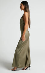 Khalani Maxi Dress - Deep V Neck Satin Slip Dress in Dark Olive