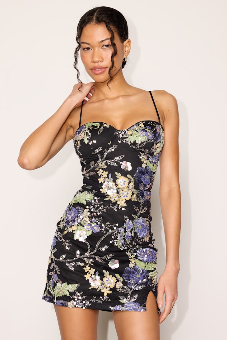 Karsen Black Floral Sequin Bodycon Mini Dress