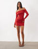 Oh Polly Slinky Off Shoulder Drape Detail Mini Dress In Red