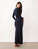 Slinky Twist Plunge Maxi Dress With Long Sleeves In Navy