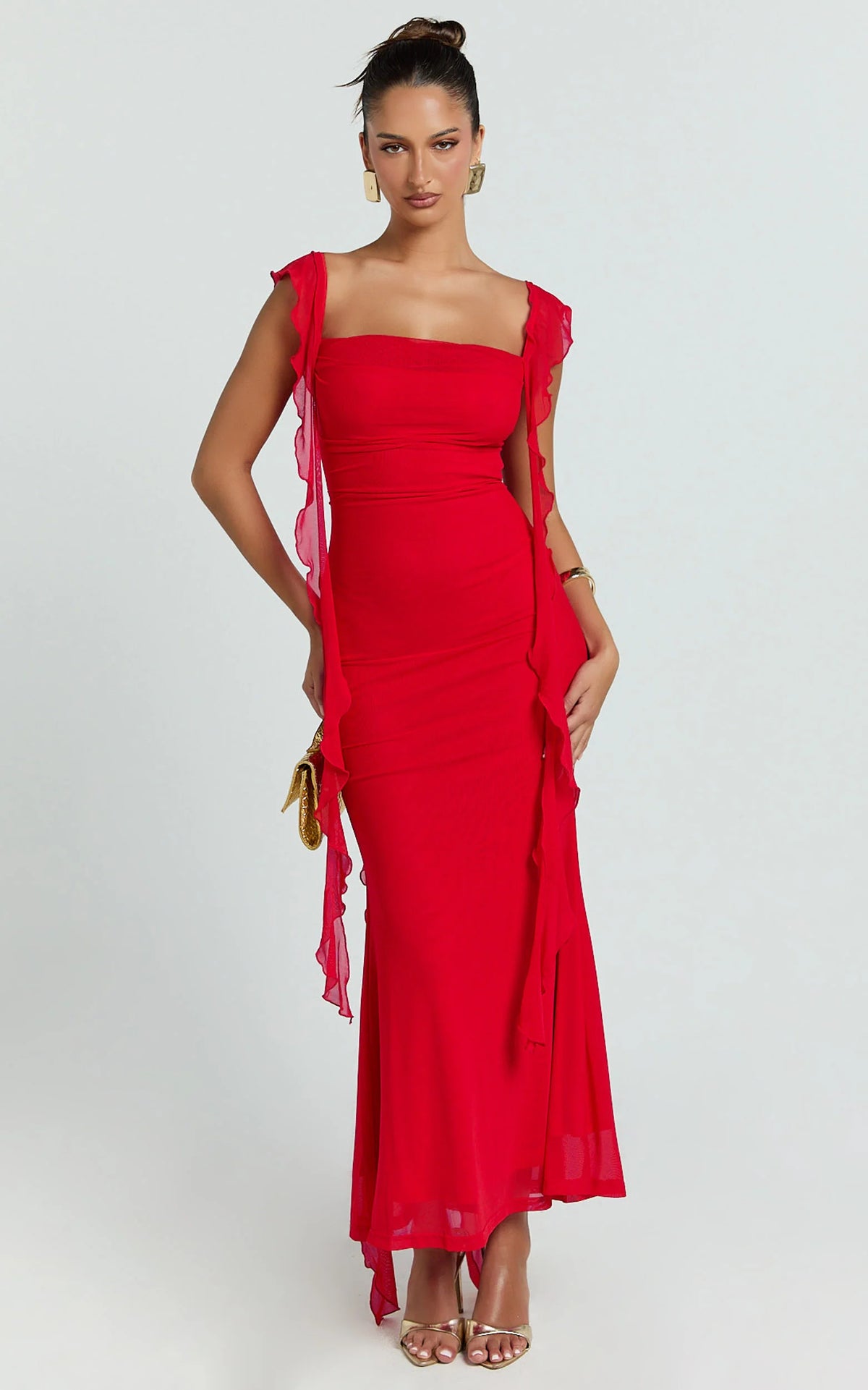 Rosha Midi Dress - Ruffle Strap Dress in Red