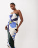 Satin Bandeau Maxi Dress In Abstract Art Print And Contrast Lining